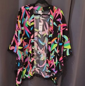 BRIGHT COLORFUL BLACK KIMONO COVERUP BIRDS OF PARADISE FRINGE TASSELS TRINA TURK